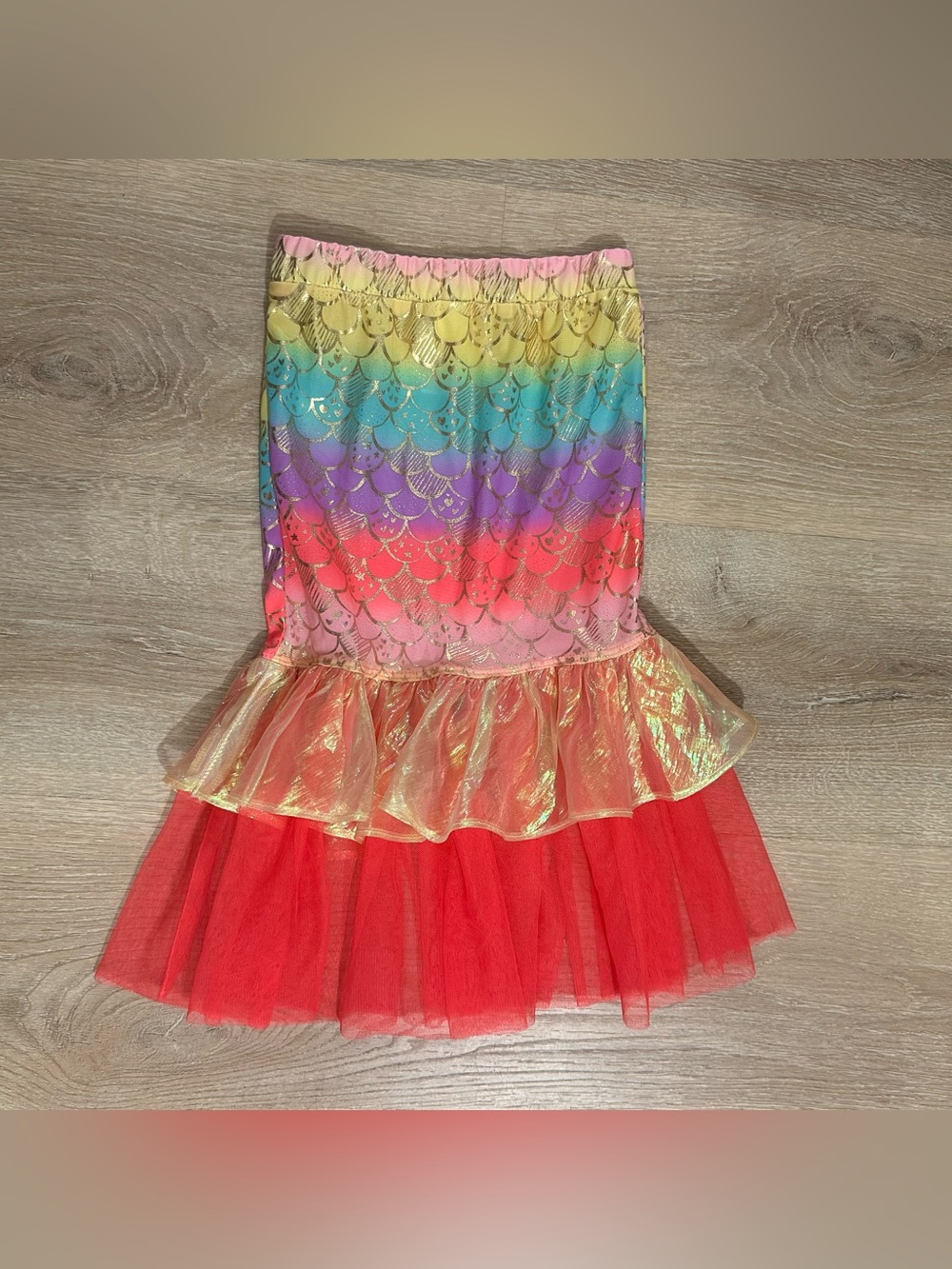 Cat & Jack Rainbow Mermaid Scale Skirt with Gold and Red Ruffle